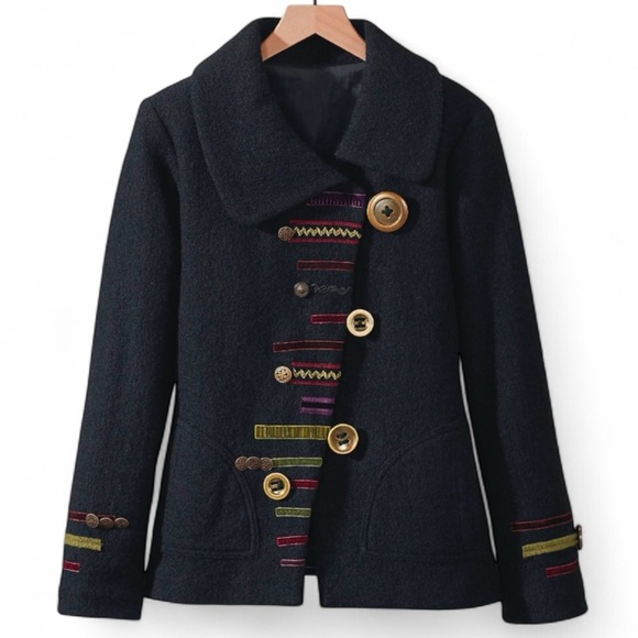 Carson Black Wool Swing Jacket with Decorative Buttons Appliquéd Fabric - Size M - Picture 8 of 16